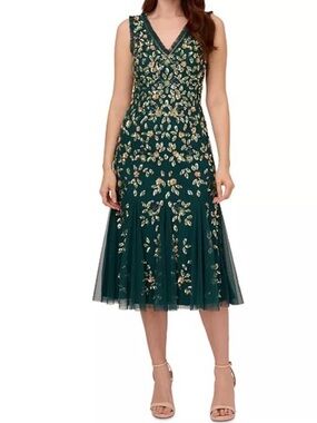 Adrianna Papell Green V-Neck Embroidered Midi Dress